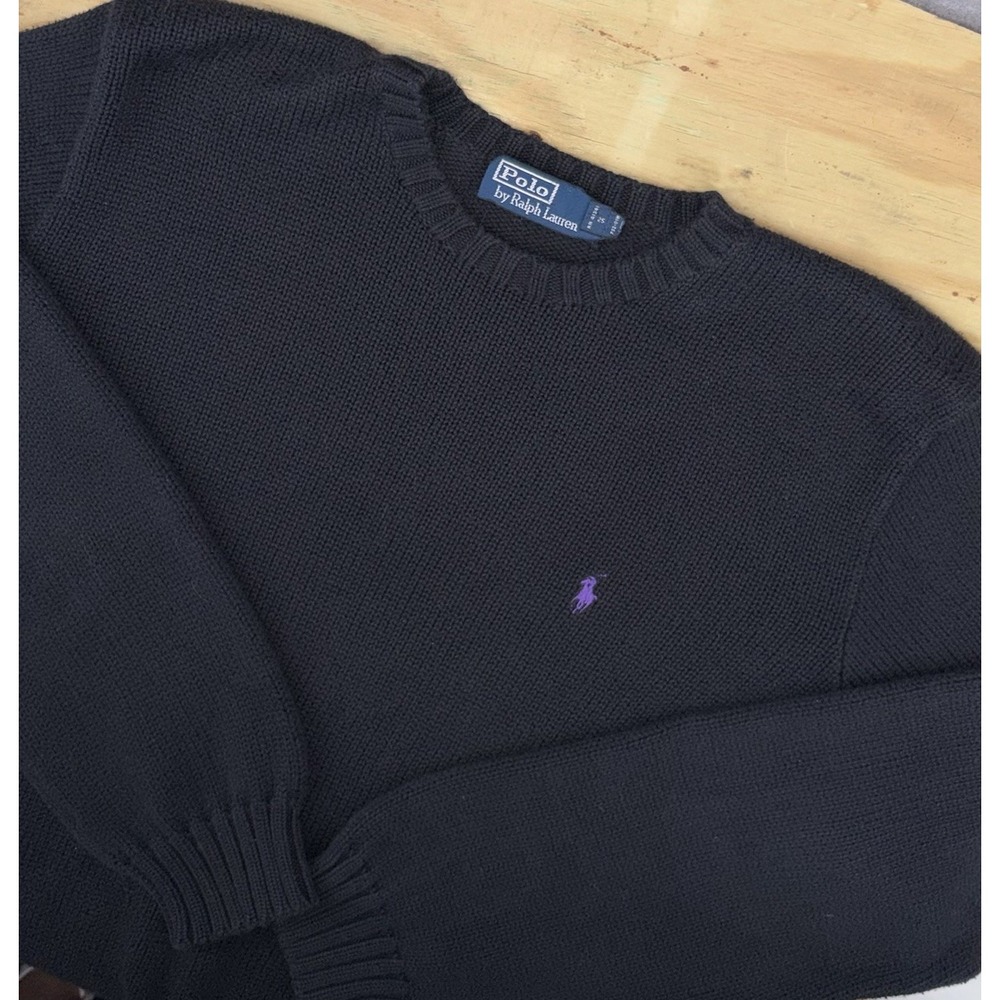 Vtg Polo Ralph Lauren Sweater Large Black Knit Ribbed Fisherman Crewneck 90s